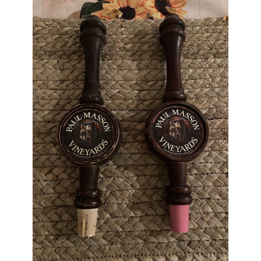 Vtg Paul Masson Vineyards Wooden Beer Tap Handles Set Of 2 9 1/2" Long